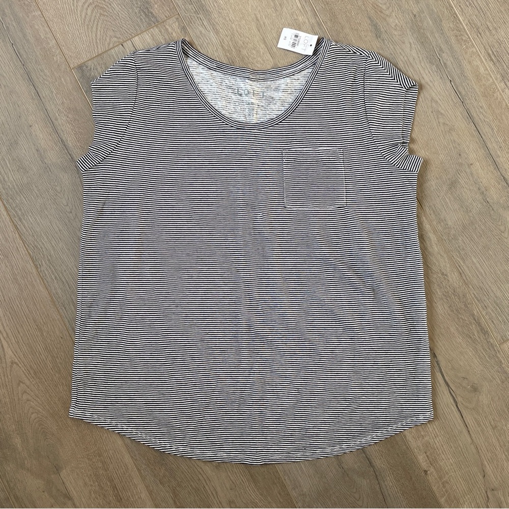 NWT LOFT XS Linen Stripe Short Sleeve Tee Short Top with Pocket